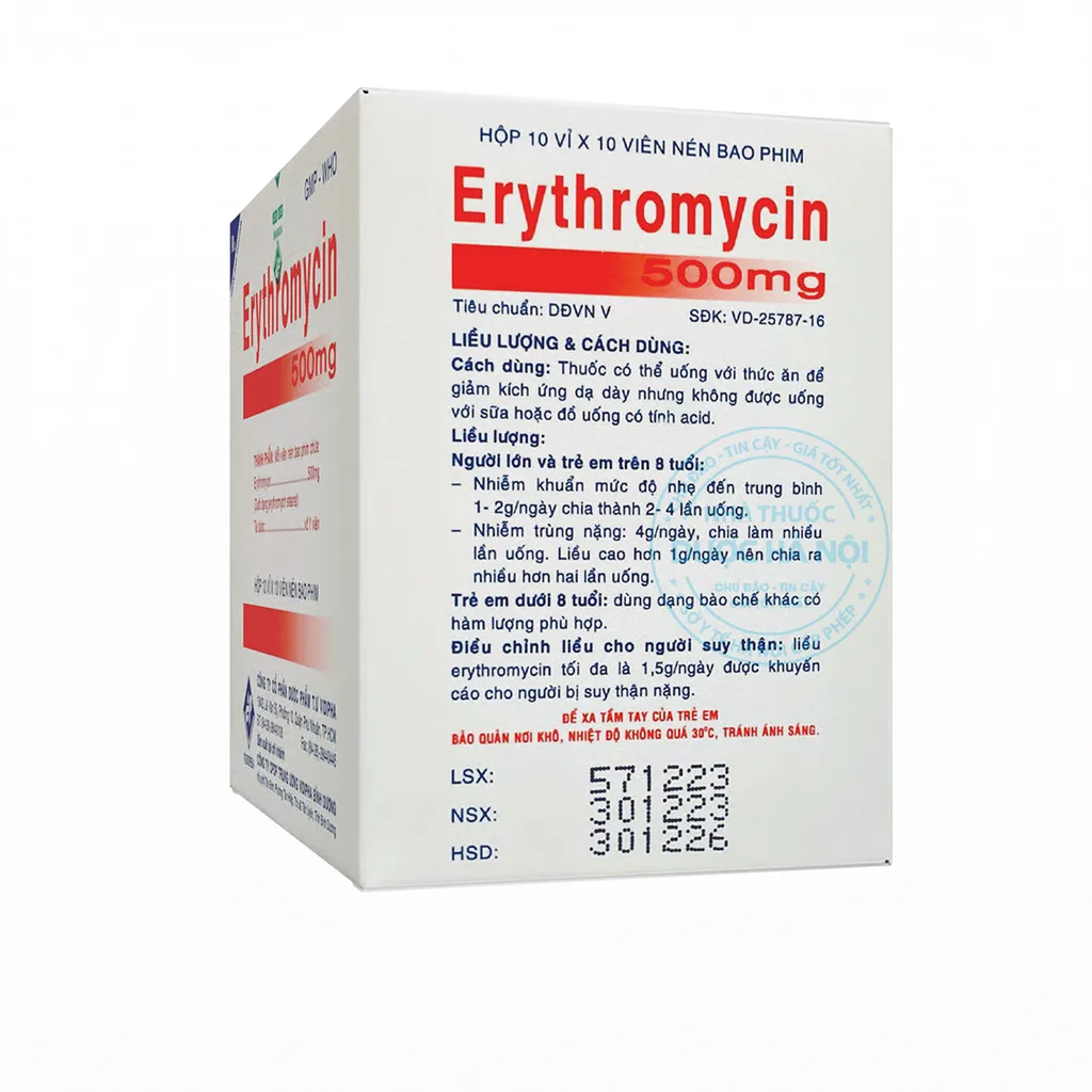 Erythromycin 500mg Vidipha (10 vỉ x 10 viên)