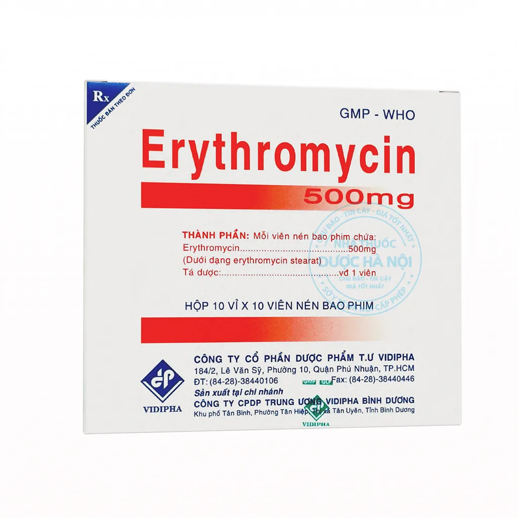 Erythromycin 500mg Vidipha (10 vỉ x 10 viên)