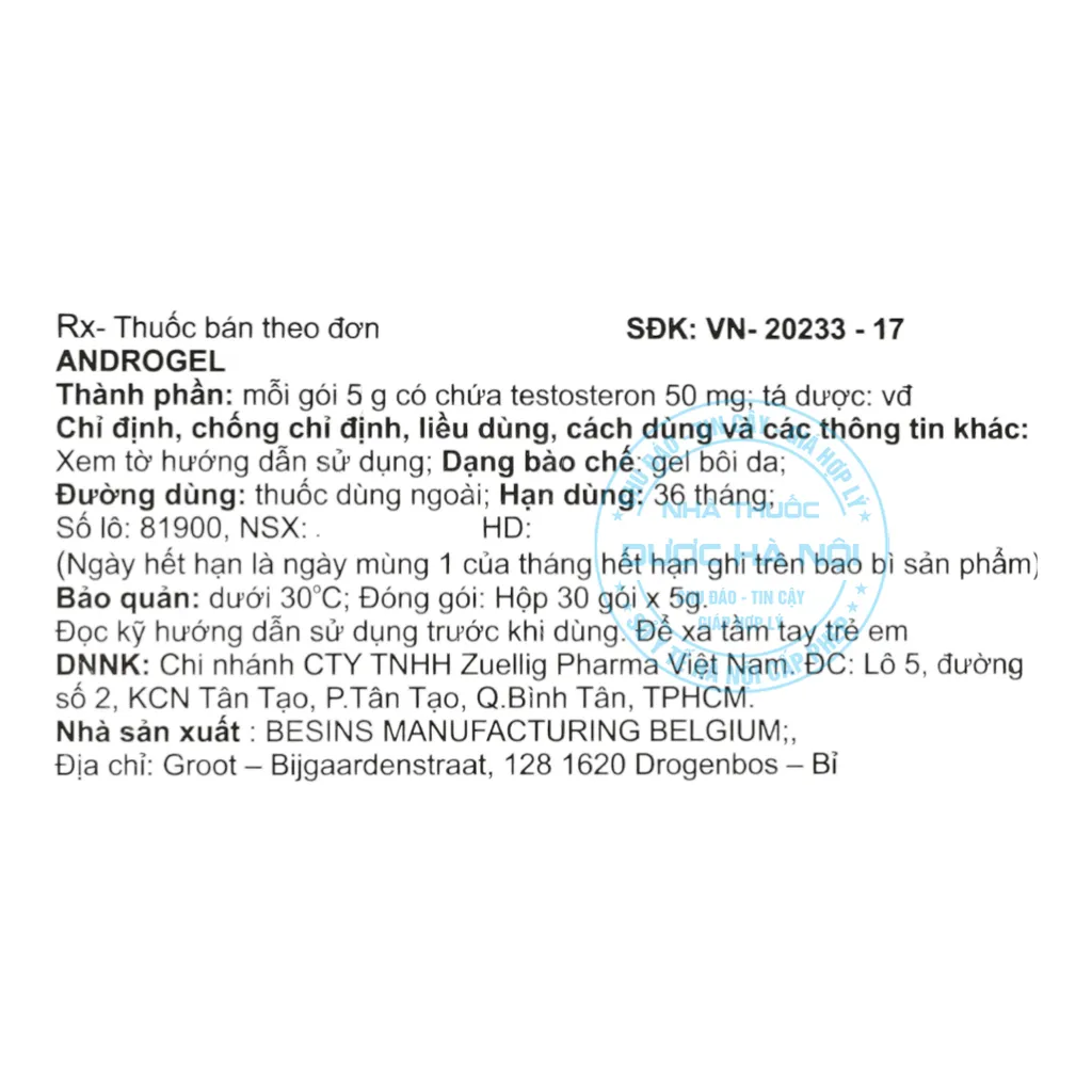 Gel bôi da Androgel 50mg/5g