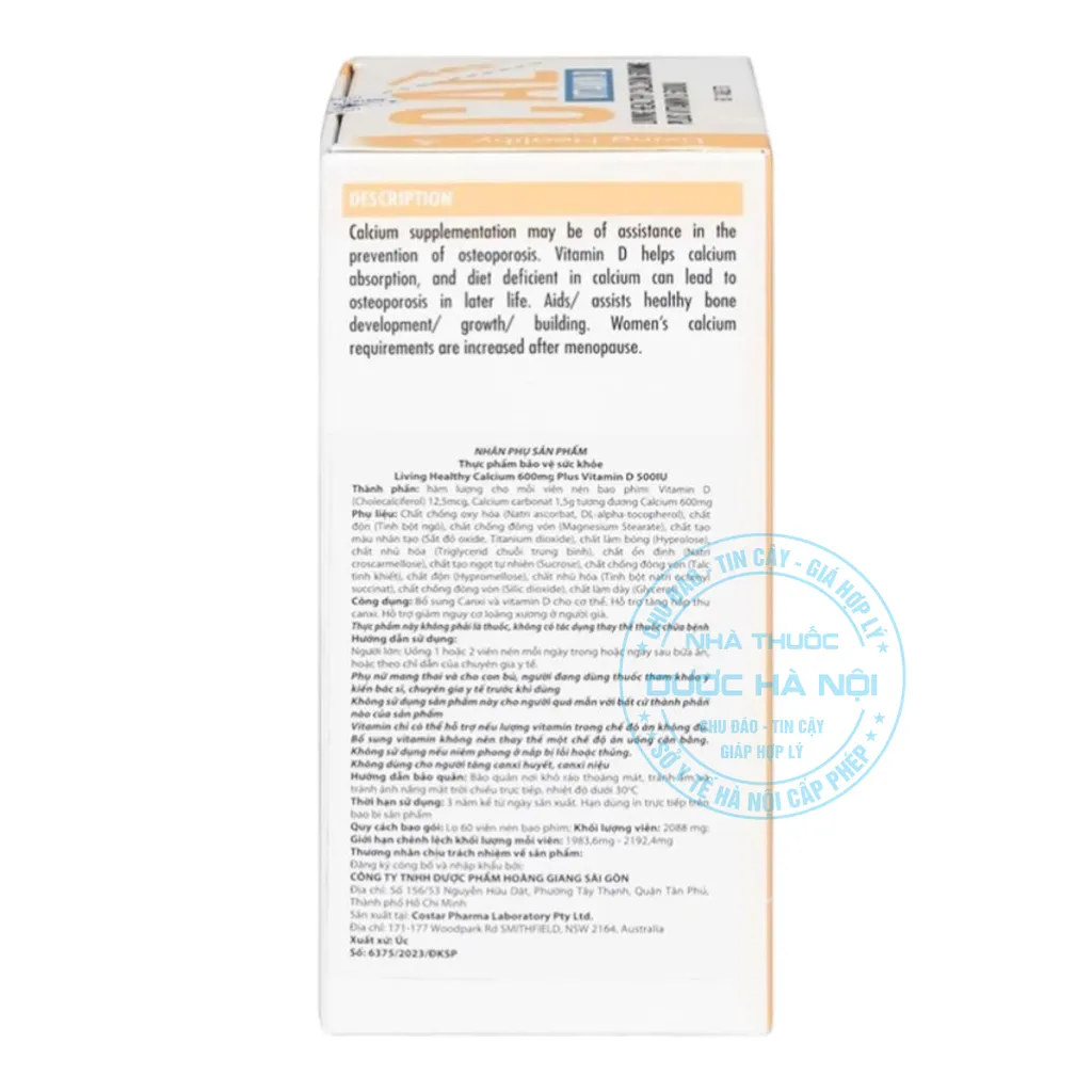 Viên uống Living Healthy Calcium 600mg Plus Vitamin D 500IU