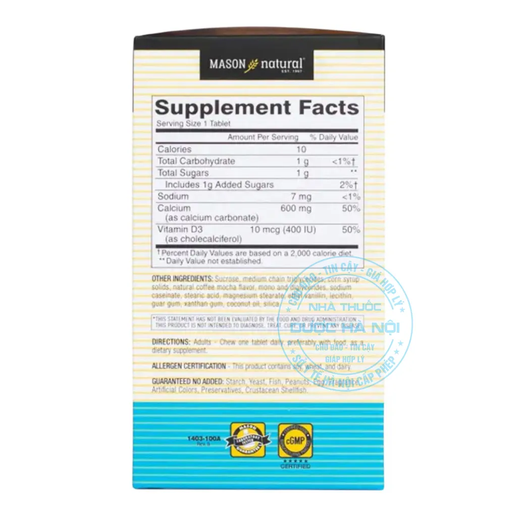 Viên uống Mason Natural Chewable Calcium 600Mg + D3