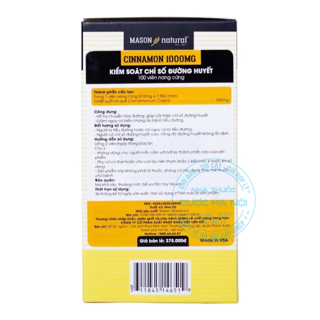 Viên uống Mason Natural Cinnamon 1000mg