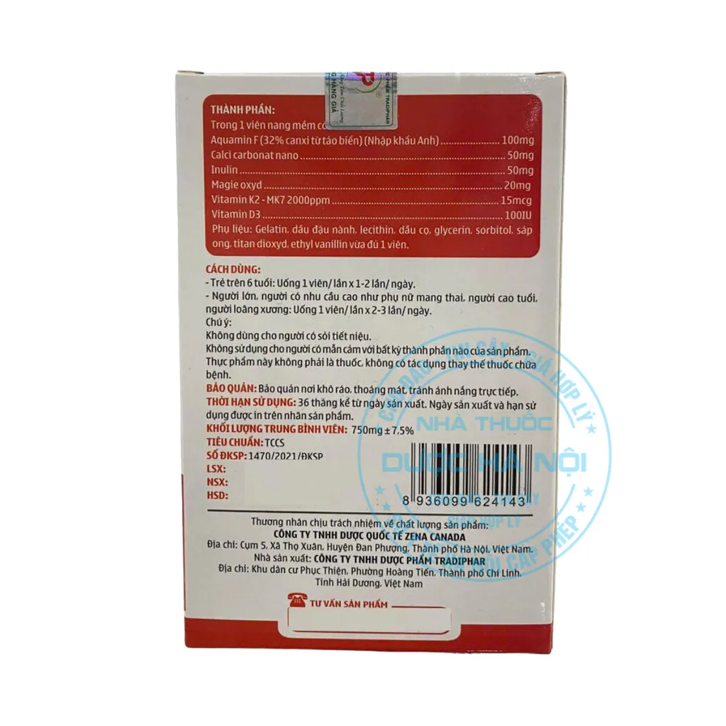 Viên uống Canxi Nano K2 MK7 Vitamin D3 Zena